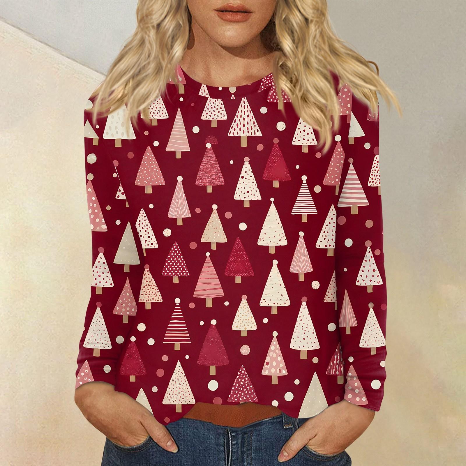 

Женская мода повседневный рождественский принт круглый вырез длинный рукав пуловер топ L