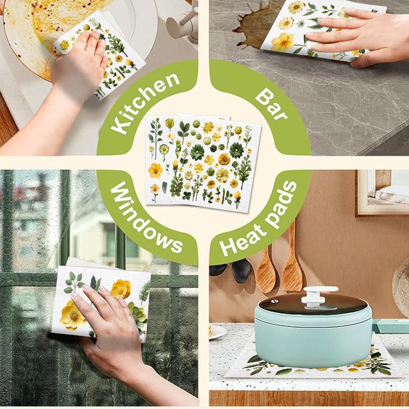 6PCS Green Leaves Printed Swedish Dishcloths Eco-Friendly Kitchen Rags Absorbent Dish Towels Reusable Washable Cleaning Cloths