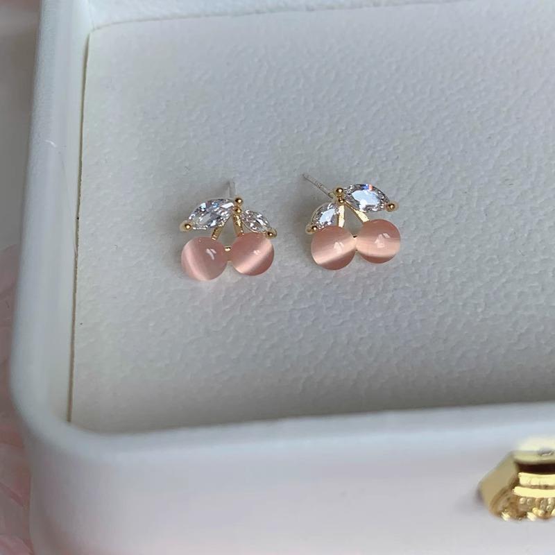 Exquisitos y Pequeños Pendientes de Cereza para Mujer de Lujo Ligero y Temperamento Dulce Zircón Rosa Nuevos Pendientes de Fruta