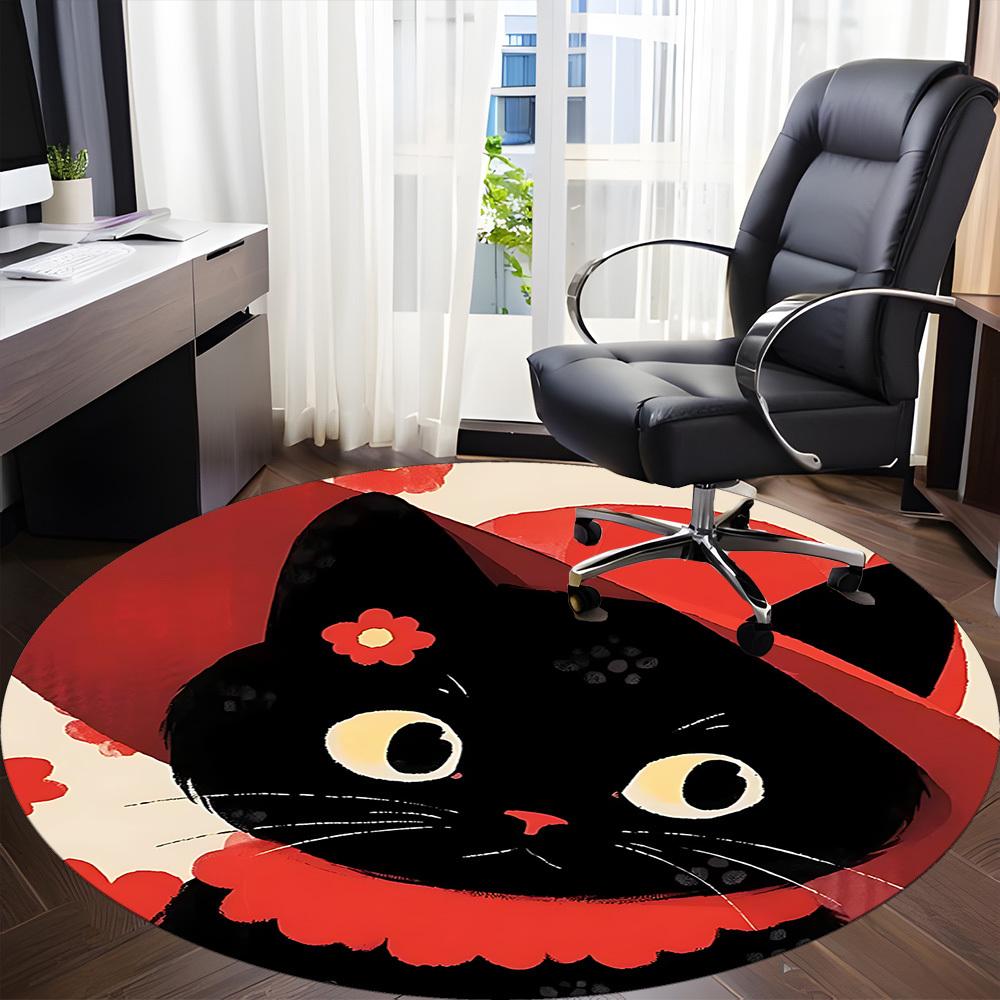 1PC Cat Floral Office Round Area Rug,  Mat Suitable ForOffice, Under Office Chairs Bedroom Living Room Home Decor, Room Deco