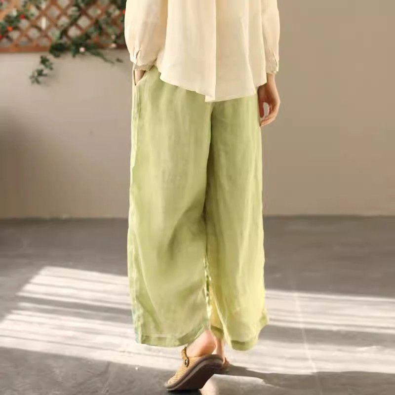 New Chinese-style Ramie Casual Pants for Women in Summer New Loose High-waist Embroidered Versatile Double-layer Wide-leg Pants