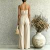 Women Sleeveless Solid Color Jumpsuit V Neck Wide Leg Casual Romper Elastic Waist Adjustable Straps Lightweight Fabric