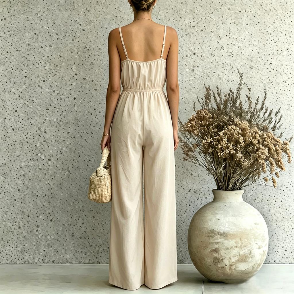 Women Sleeveless Solid Color Jumpsuit V Neck Wide Leg Casual Romper Elastic Waist Adjustable Straps Lightweight Fabric