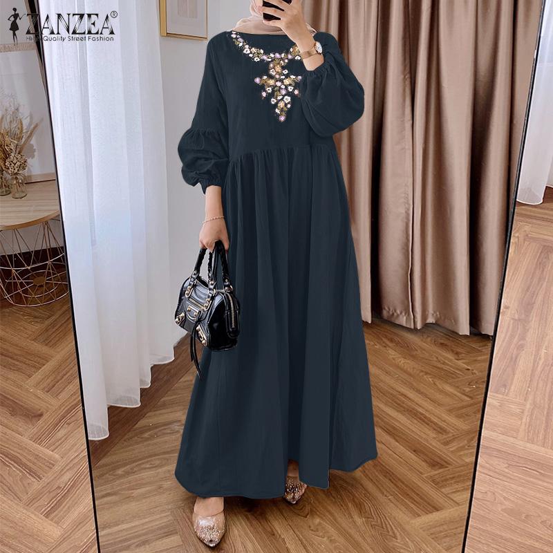 ZANZEA Women Casual Round Neck Long Sleeve Loose Floral Embroidery Dress