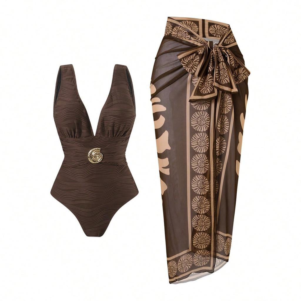 Deep Brown One-Piece Swimsuit with Sheer Wrap Skirt, V-Neck, Bow Detail
