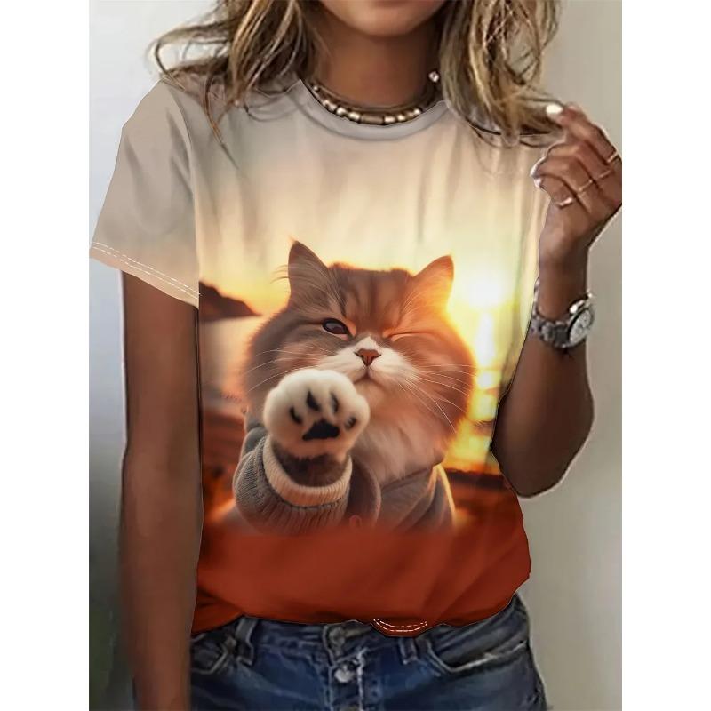 Summer Round Neck 3D Cat Print Top Fashionable Casual Short Sleeved Women's T-shirts
