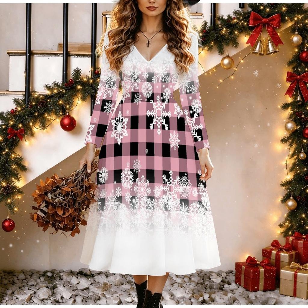 Halloween Women's Christmas Print Midi Dress A Line Dress Vacation Casual Daily Regular Fit Long Sleeve V Neck Black Spring Fall