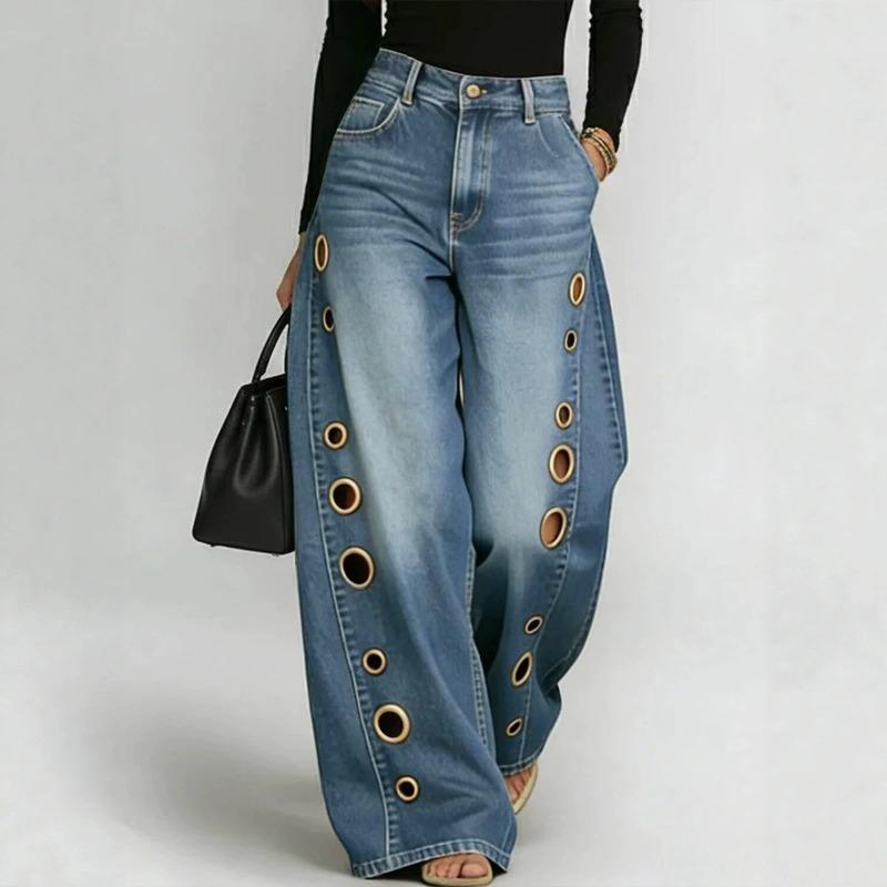 Spring and Summer New Metal Heterosexual Corns European and American Women's Clothing Solid Color Horse Slip Loose Jeans