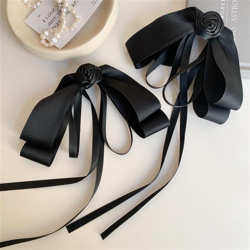 Black Camellia Bow Ribbon Hairpin French Hair Clip Women Girly High-End Elegant Hair Up Top Clip Mourning Funeral Hair Accessory