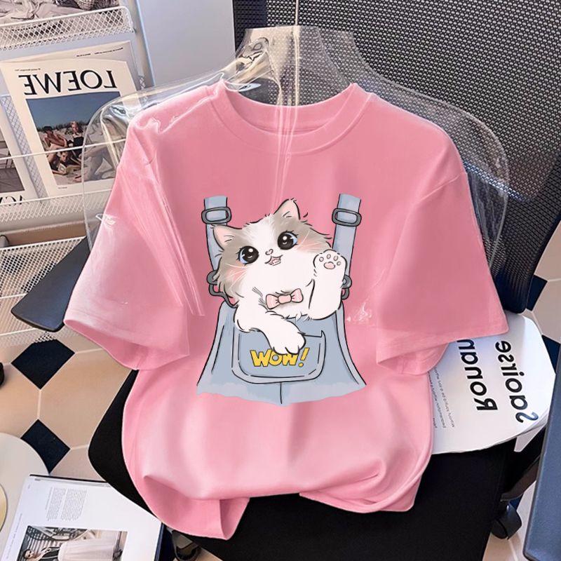 Women's Pure Cotton Summer Kitten T-shirt - New 2026 Design, Versatile Short Sleeve Top
