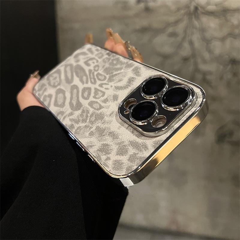 Applicable To Apple IPhone16Promax Leather Electroplating Full Inclusive Mobile Phone Case 15P Leopard Print Ins Comes with Lens Film