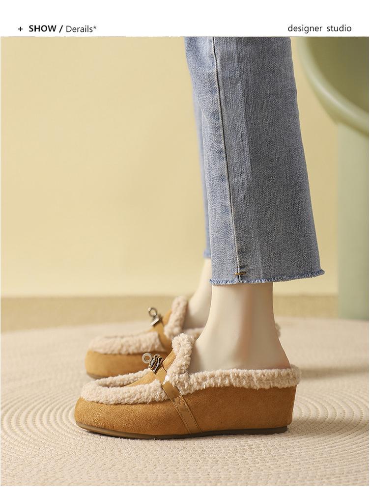Cozy Ladylike Furry Slipper Mules with Metal Buckle & Hidden Heel - 2025 Autumn/Winter