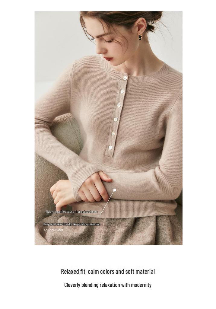 Elegant Autumn/Winter Women's Cashmere Sweater: Round Neck, Half-Button, Long Sleeve Pullover.