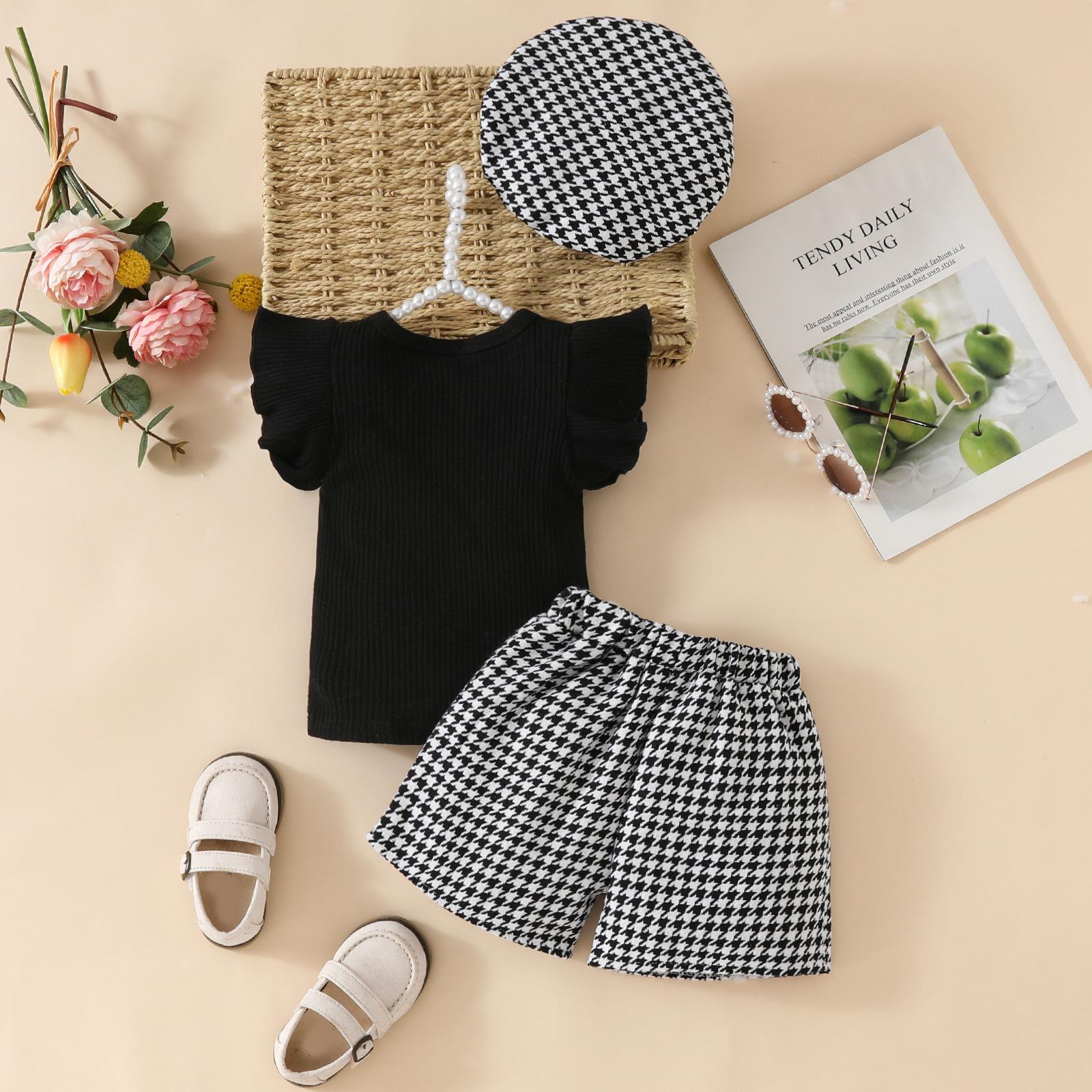 

Повсякденний модний набір для дівчаток Літній дитячий однотонний топ + шорти в клітку + набір беретів Невеликий літній комплект із трьох предметів з ароматом 12-18M чорний