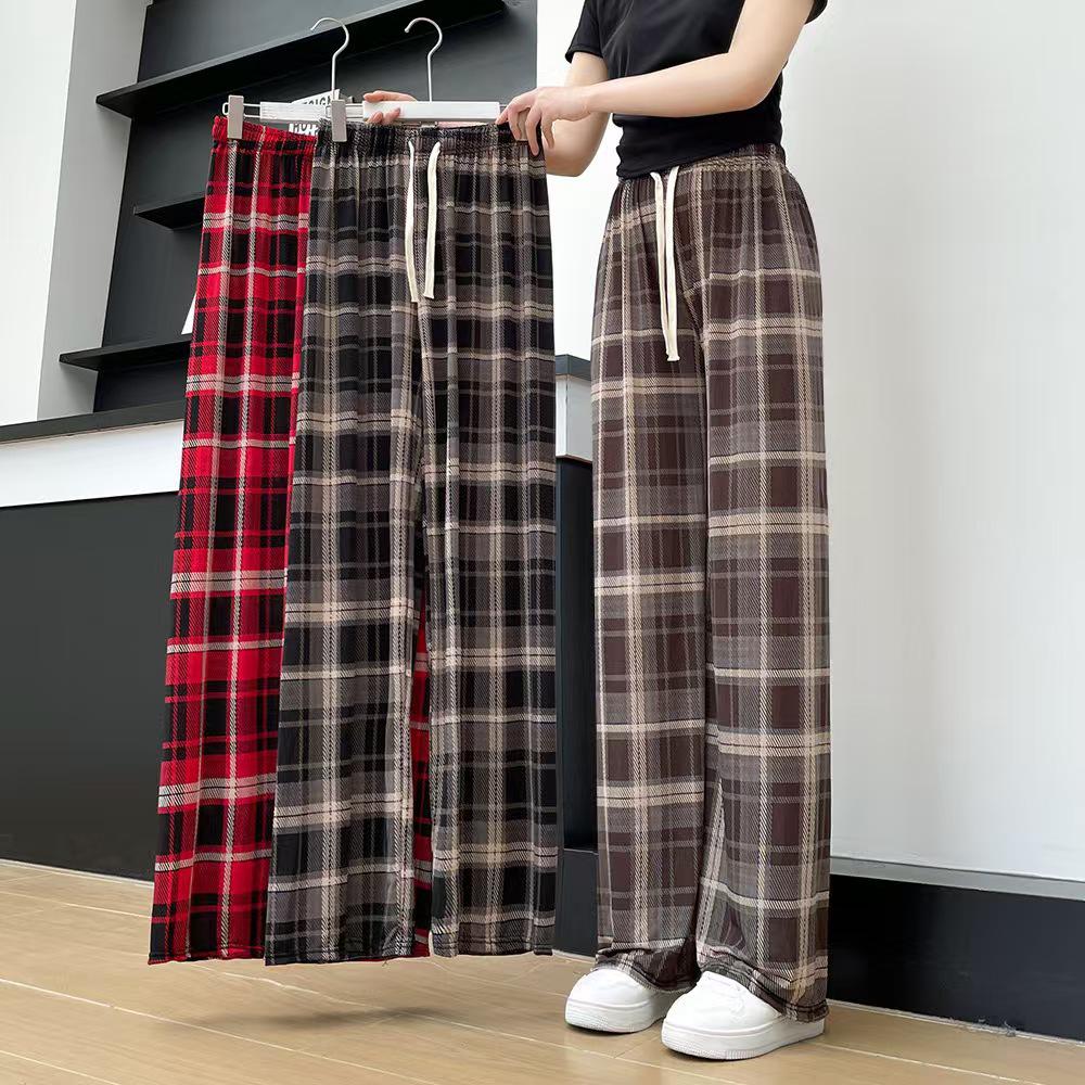 Plus Size High Waist Plaid Wide-Leg Ice Silk Pants for Women