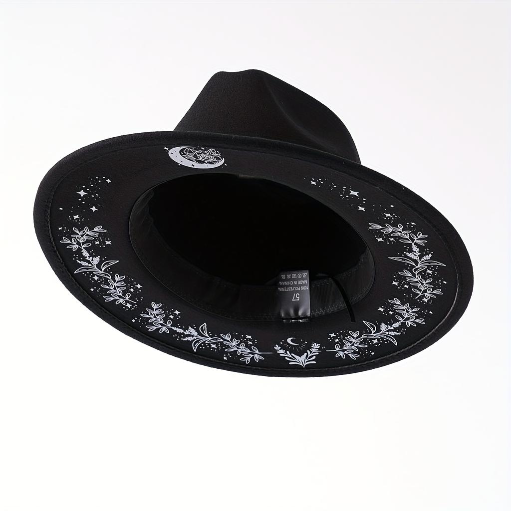 Ladies' Retro Western Cowboy Hat, Wide Brimmed Black and White Flower Star and Moon Pattern, Elegant Rural Style Headwear, Holiday Decoration