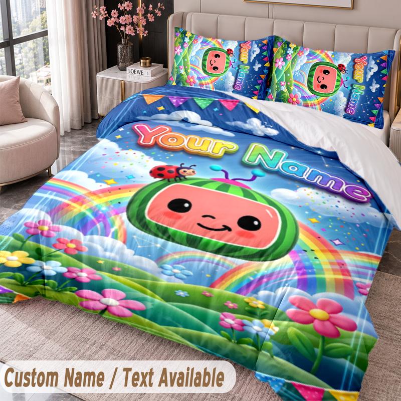Custom Name Text 3Pcs Bedding Set Cocomelon Duvet Cover And Two Pillowcases