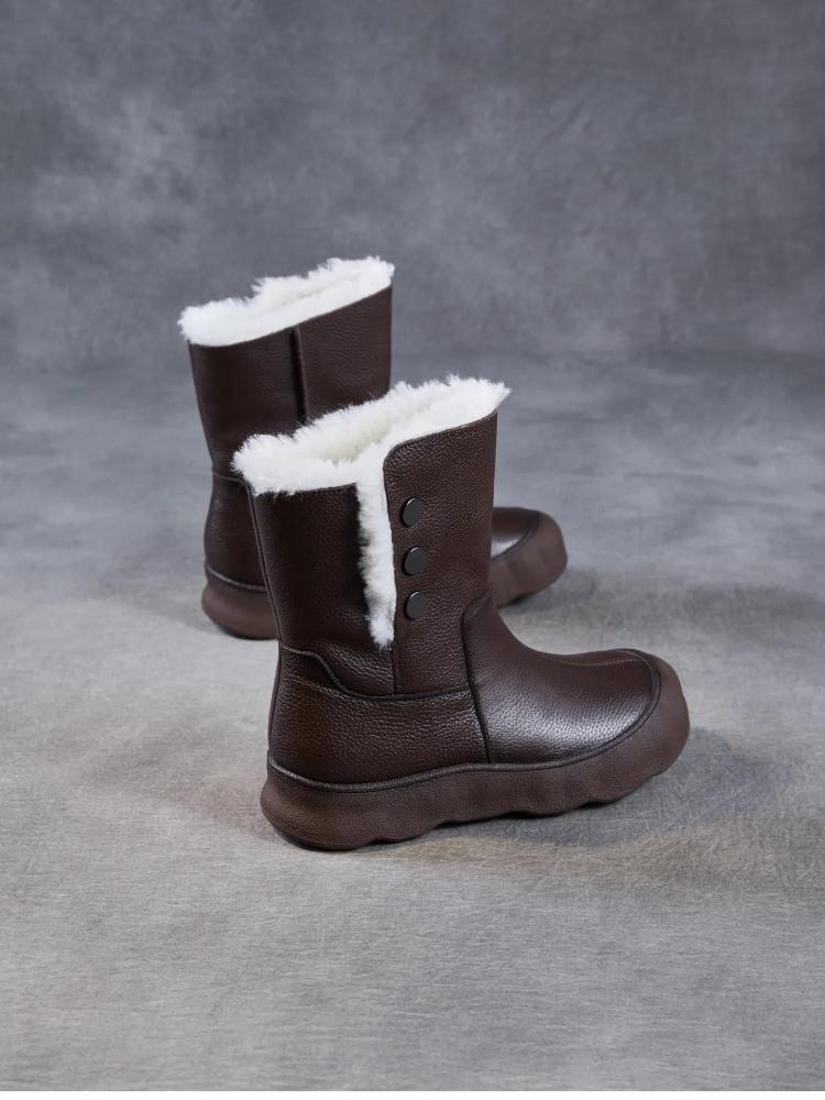 Johnature Genuine Leather Snow Boots Women's Shoes Plush Warm Versatile Soft Soled Mid-calf Boots