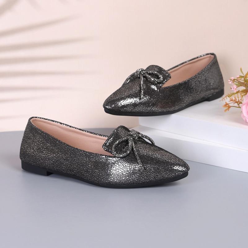 Autumn new retro bow pointed single shoes thick heel soft leather one pedal low heel casual large size women's shoes
