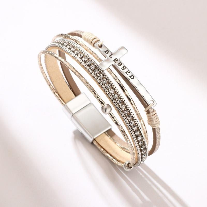 Boho Style Cross Bracelet, Light Luxury Micro-diamond Magnetic Buckle Bracelet, PU Leather Bracelet