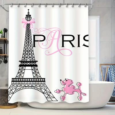 Chic Paris Eiffel Tower Shower Curtain With Pink Poodle Design Waterproof Fabric For Bath Decor In White
