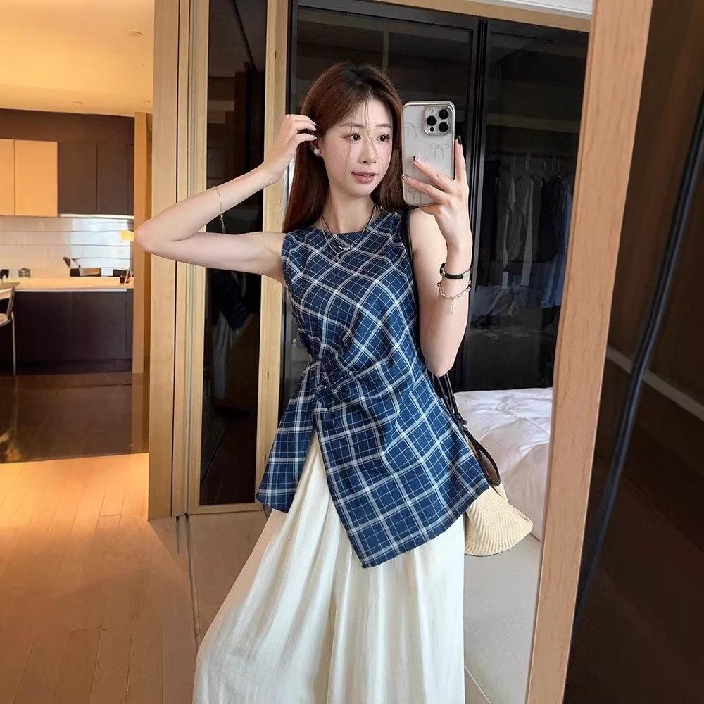

Women s Chic Plaid Split-Waist Sleeveless Top - 2026 Summer Trend XL