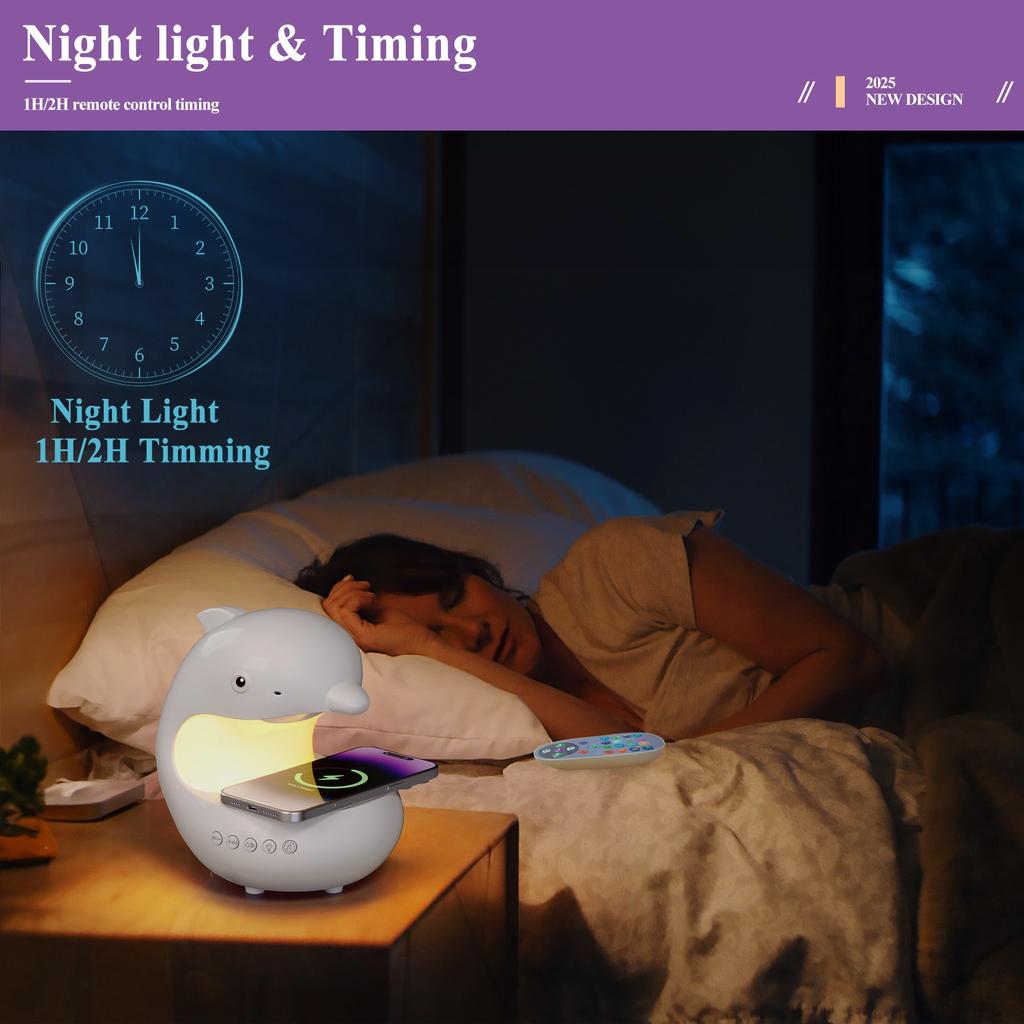 Wireless Charging Night Light Cute Dolphin Mood Colorful Ambient Lighting Bluetooth Speaker Bedroom Bedside Table Lamp