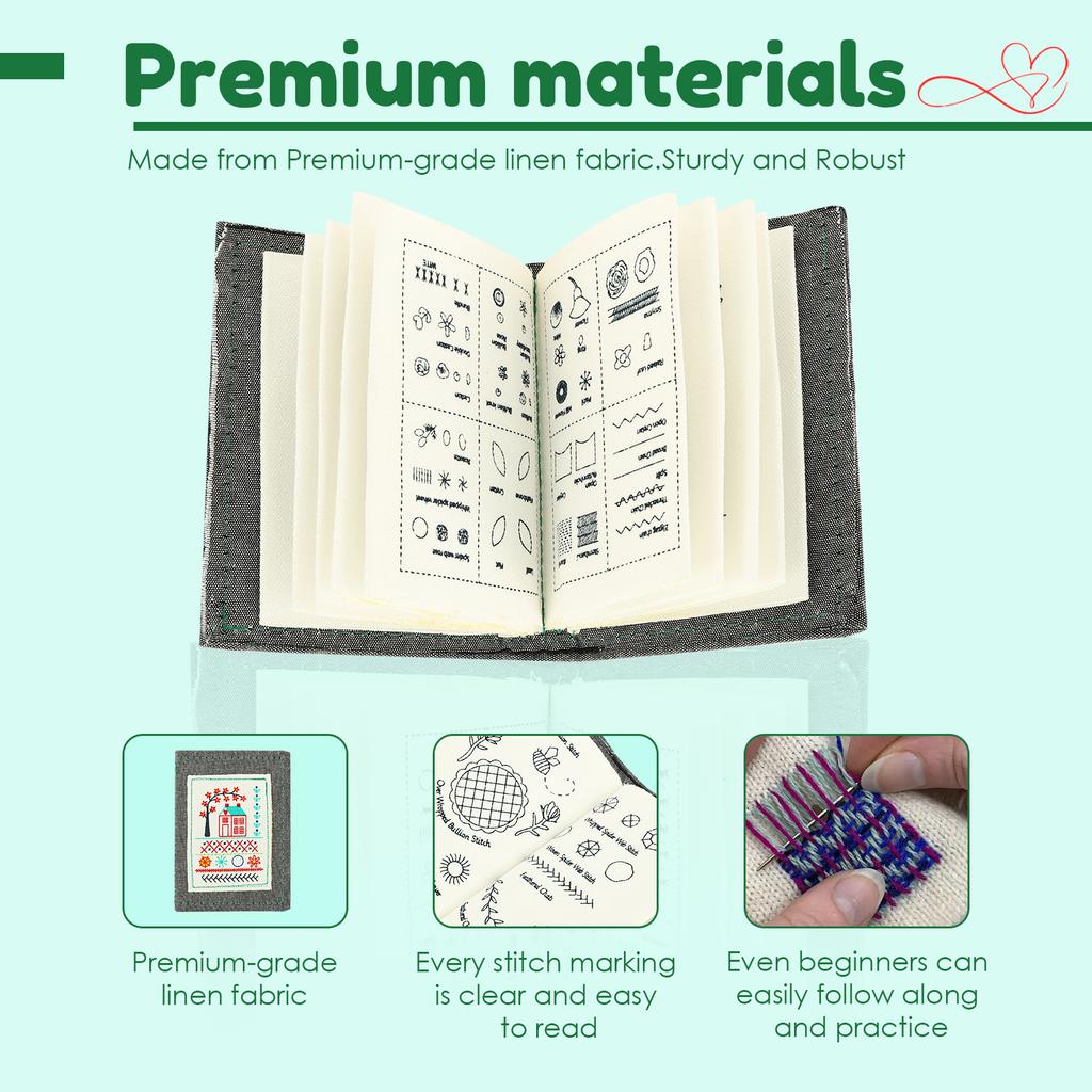 Embroidery Stitch Book Kit with Threads Needles Scissors Tape Measure Buttons Storage Bag Beginner Portable Sewing Box Tools