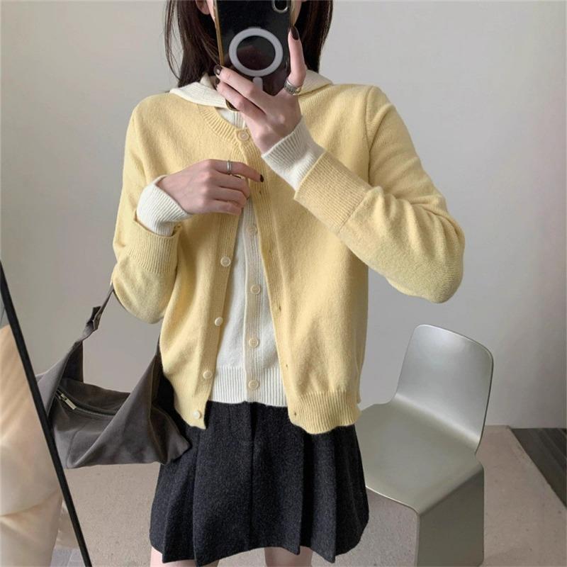 Fake Two-piece Color Matching Hooded Knitted Cardigan Women's Autumn and Winter New Lazy Wind Casual Small Sweater Jacket