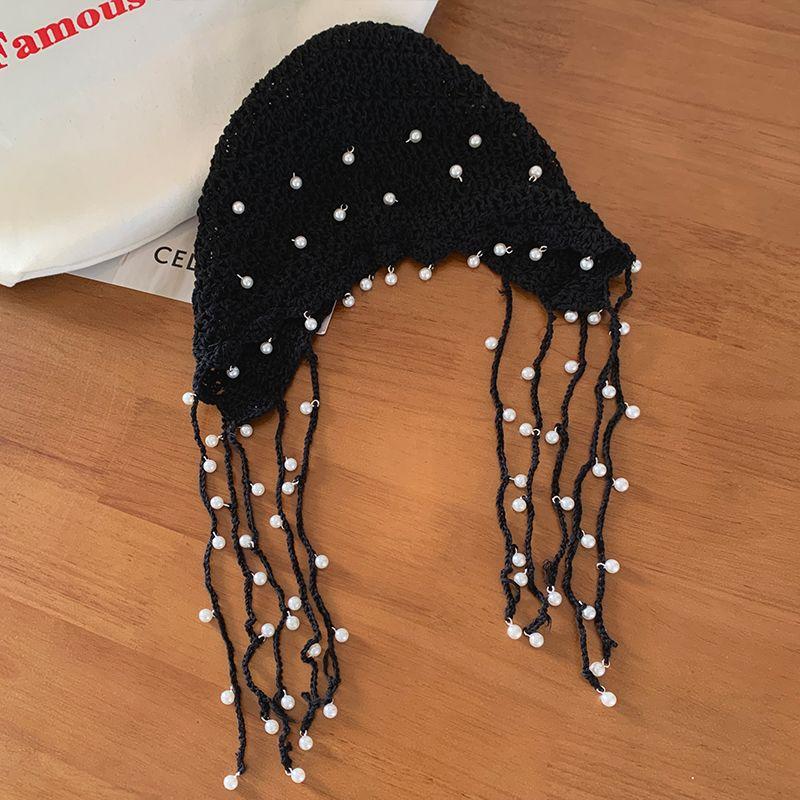 Women's Summer Hollow-out Pearl Tassel Pendant Head Wrap Hat Ethnic Style Knit Slouchy Hat Retro Face Slimming Cap
