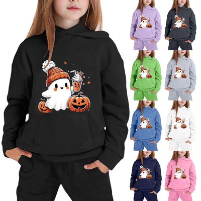 Kids Halloween Hoodie Pullover Sweatshirt Ghost Pumpkin Print Long Sleeve Hooded Top for Boys Girls Fall Autumn Wear