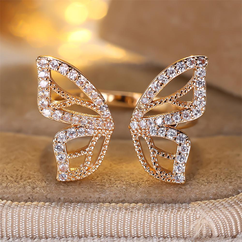 White Zircon Cute Butterfly Opening Rings For Women Vintage Gold Copper Color Engagement Ring Wedding Jewelry Mother'S Day Gifts