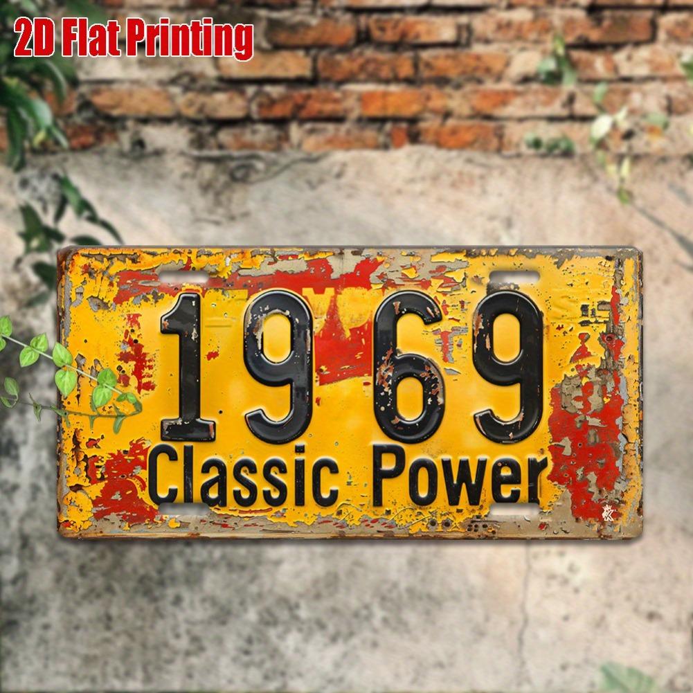 11.8x5.9" 2D Flat Vintage 1969 Classic Power Metal License Plate - Rustic Yellow Aluminum Wall Art with Black Numbers
