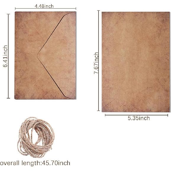 Vintage Stationary Paper and Envelopes Set - 24 Sheets Vintage Letter Papers, 12 Envelopes, 12 Retro Pendant, 12 Rope, Aged Stationery Letter Writing