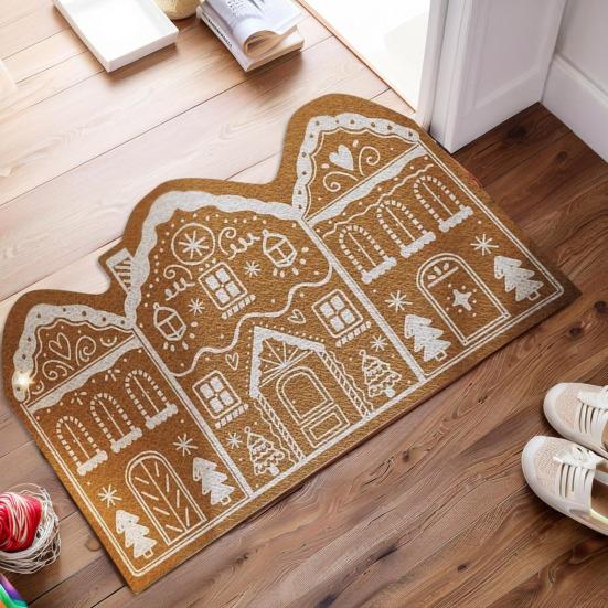 Christmas Entrance Rug Gingerbread House Floor Mat Dirt Scrubber Washable Vintage Holiday Doormat with Non-Slip Backing for Front Door Entryway Porch