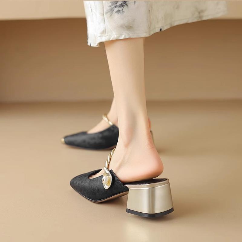 Fashion Women Baotou Half Slippers Summer Luxurious Elegant Artificial Leather Barefoot Print Women Outdoor Fashion Low Heel Slippers