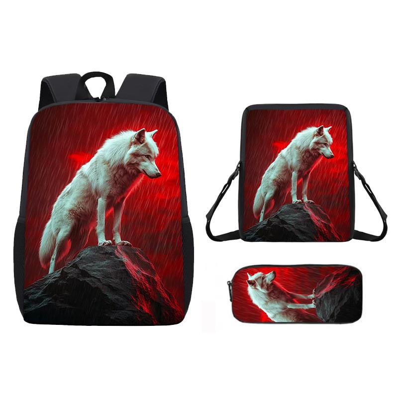 Pattern Animal Wolf Backpack Kids Shoulder Bag Pencil Case Student Use School