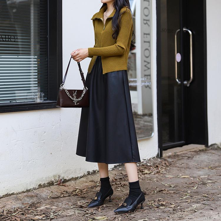 Damen Midirock in A-Linie mit hoher Taille aus PU-Leder – Schlankmachend, vielseitig, perfekt für Herbst und Winter