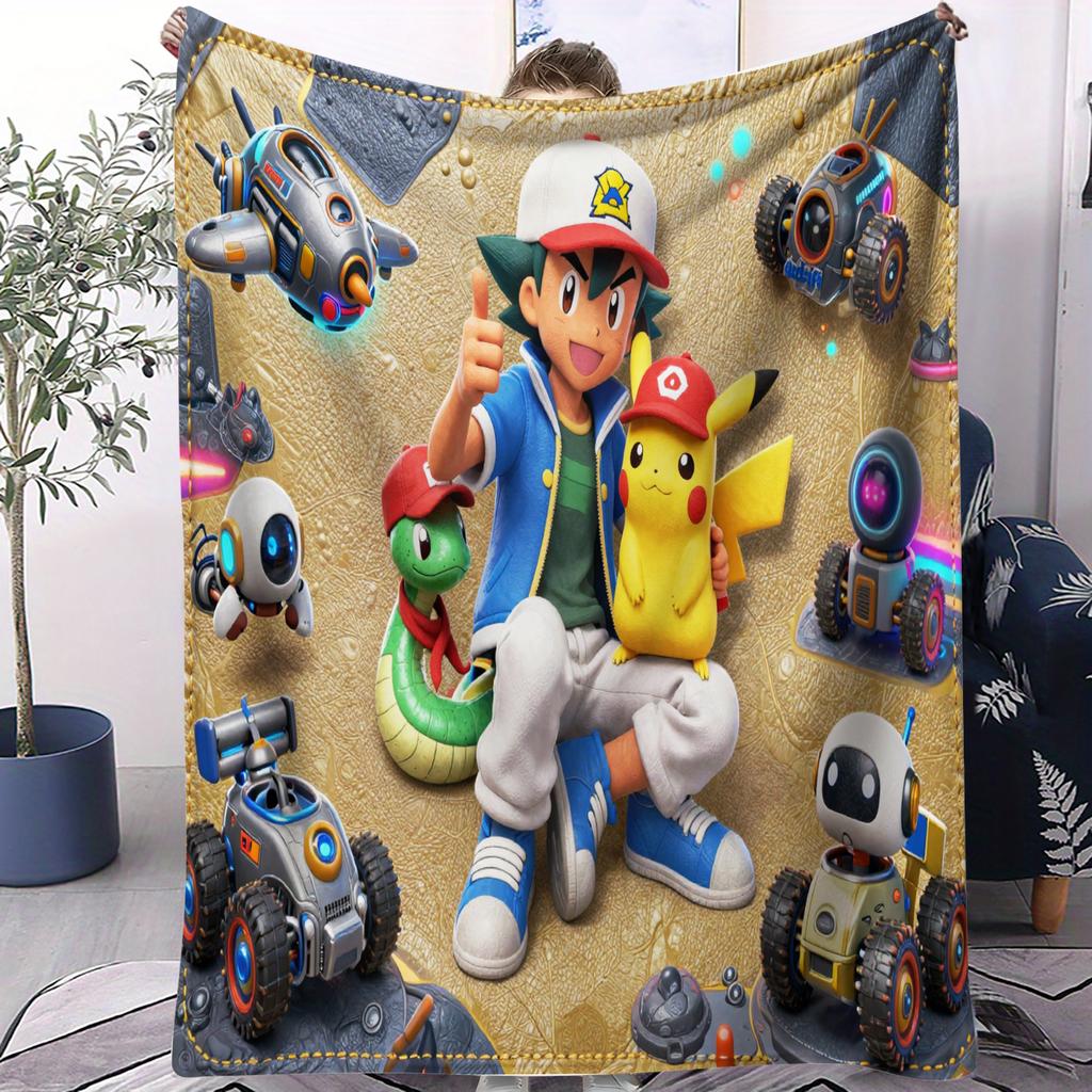 Pokemon Pikachu Cyber City Tech-Themen-Decke Warm Weich Street Trend Plüsch für Mädchen Jungen für Schlafzimmer Wohnzimmer Heimdeko