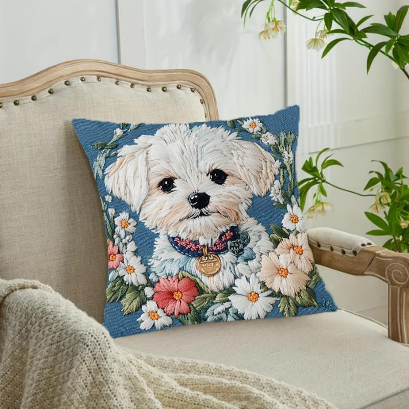 Floral Maltese Puppy Cushion Covers Chair Living Room Pillowcase Cozy Zipper Sofa Pillow Covers Animal Bedroom Indoor Home Decor
