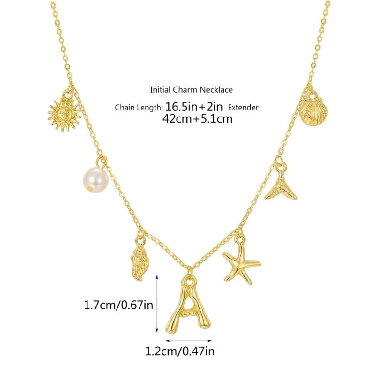 Ocean Theme Gold Charm Necklace with Initial Shells Letter Pendant Suitable for Surfer Girls and Beach Enthusiasts