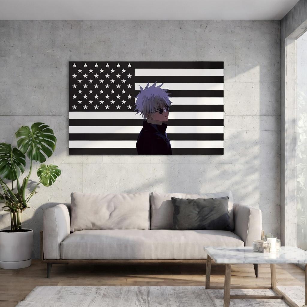 Gojo Satoru Black Usa Flag Tapestry, Jujutsu Kaisen Anime Wall Hanging For Bedroom Dorm Room Decor, Perfect Gift For Anime Fans