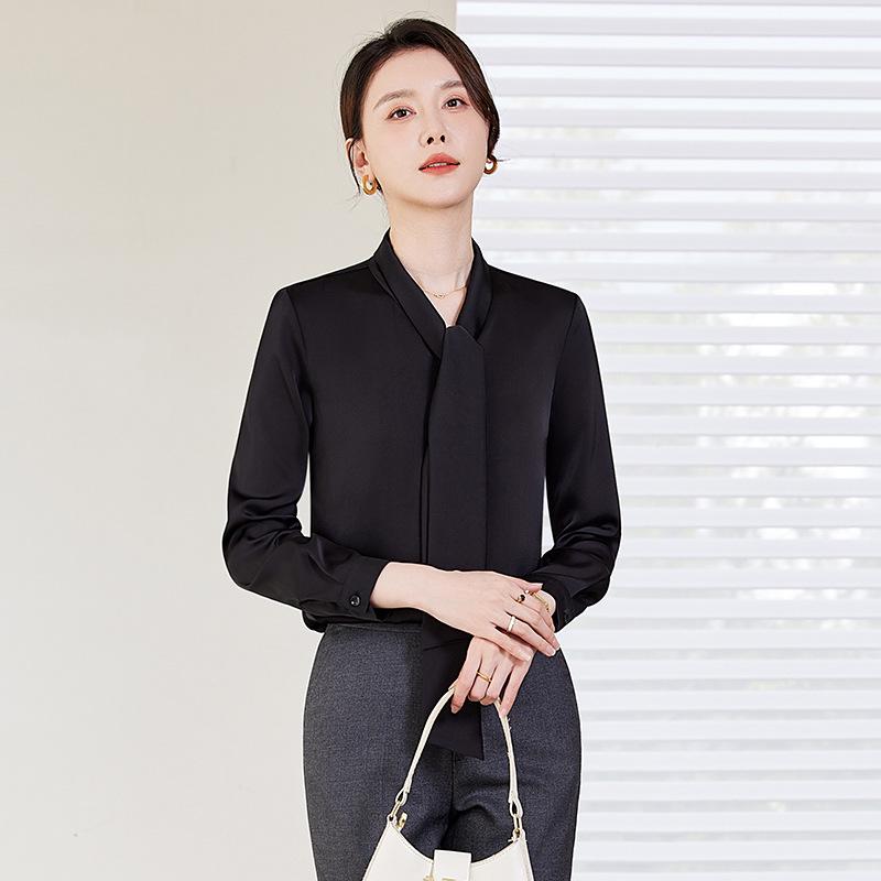 Women's Drapey V-Neck Ribbon Long Sleeve White Shirt - Professional Spring/Autumn Workwear Top