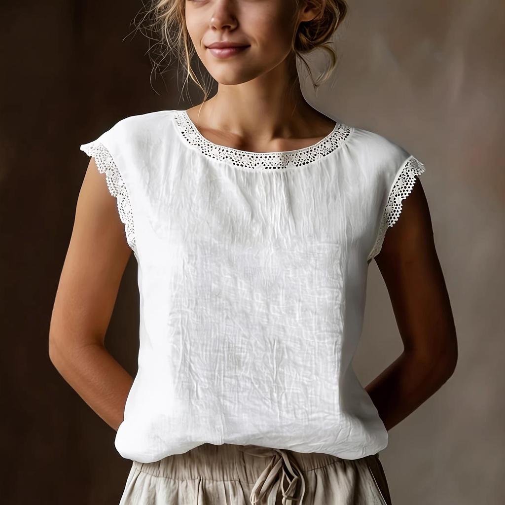 2026 Damen Retro Lockeres Ärmelloses Leinenhemd mit Spitzen-Patchwork