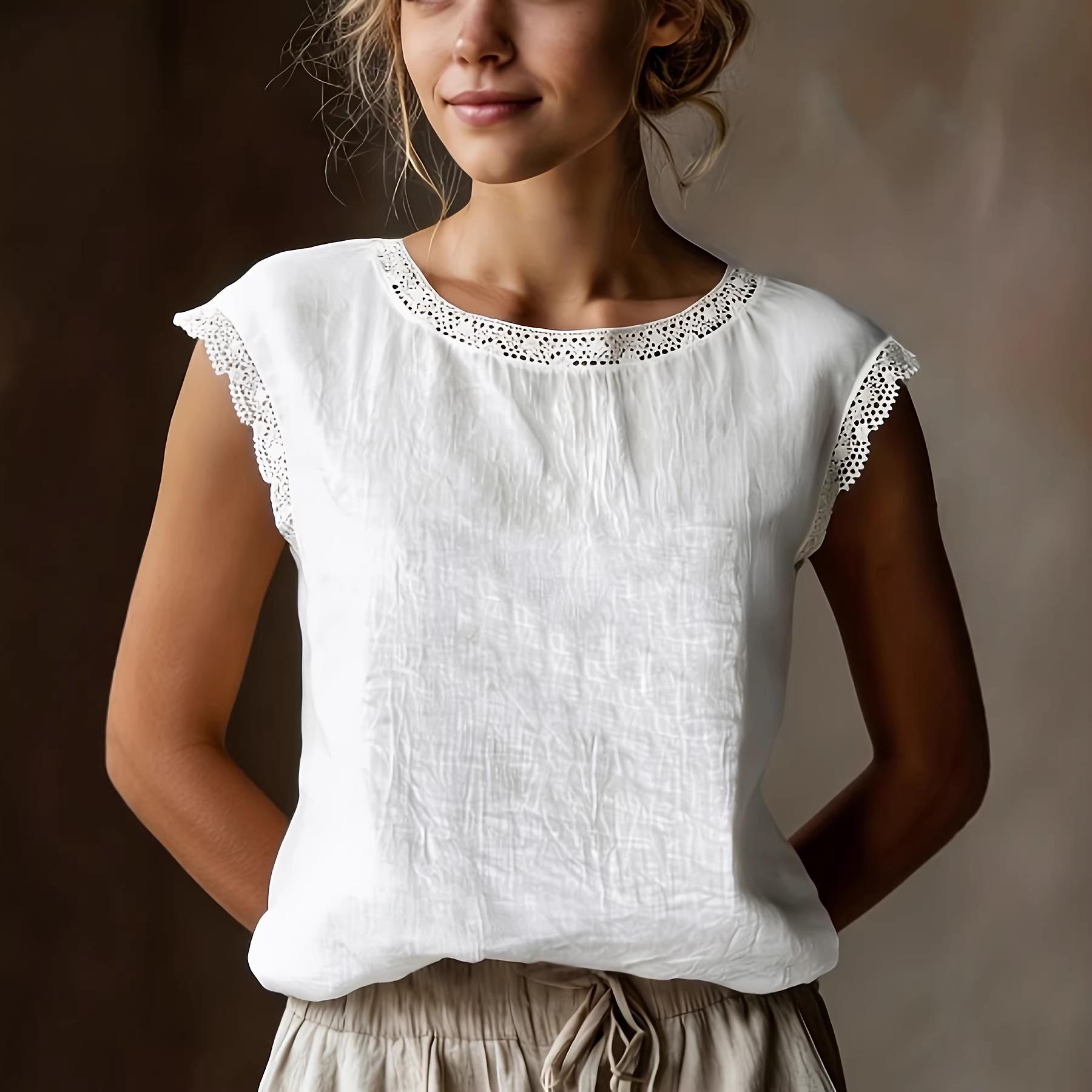 Женская ретро свободная льняная рубашка без рукавов с кружевной аппликацией 2026 S белый