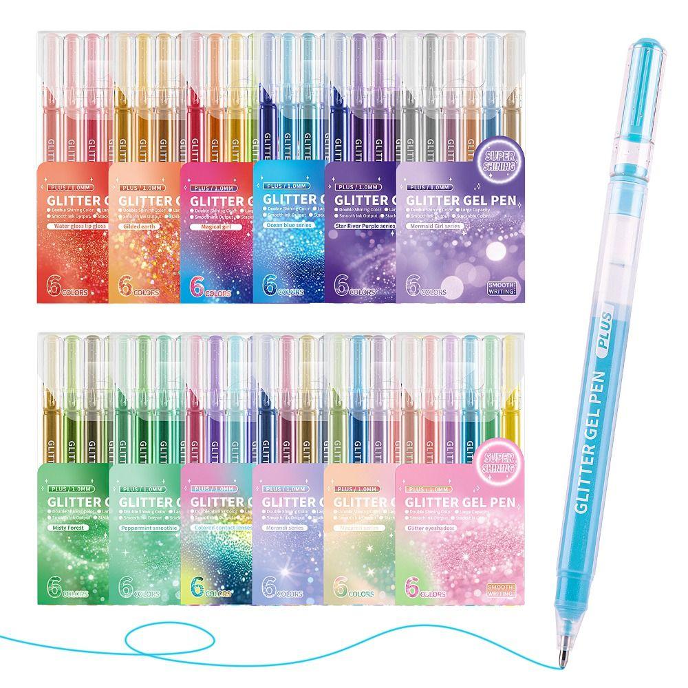 6Color Glitter Effects Gel Pens 1.0mm Writing Pens Set Colorful Art Markers DIY Journaling Pen Painting Graffiti Highlighter Pen