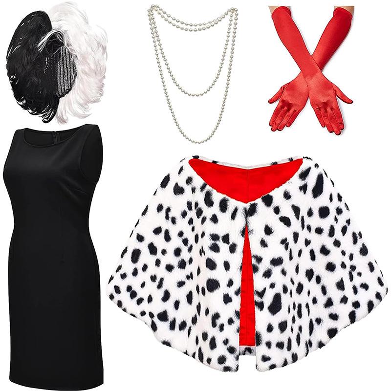 Cruella-Inspired Black & White Witch Costume Set: Shawl Cape, Dalmatian Wig, Gloves, Necklace, Party Dress.