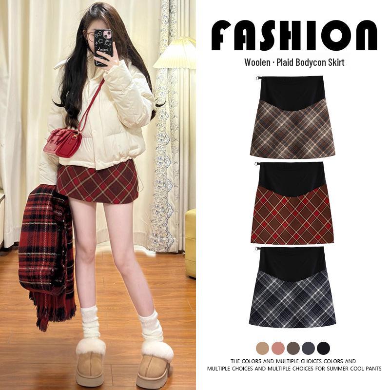 Red Plaid Maternity Midi Skirt - Warm Wool A-line for Petite Women (Autumn/Winter 2026) XL