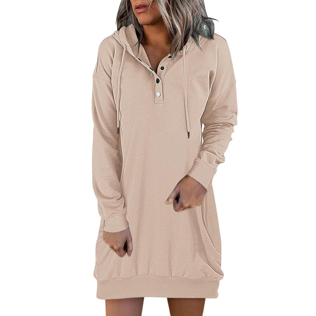 Damen Kleider Langarm Kordelzug Pullover Top Kleid Casual Hoodie Pullover Kleid Kleider