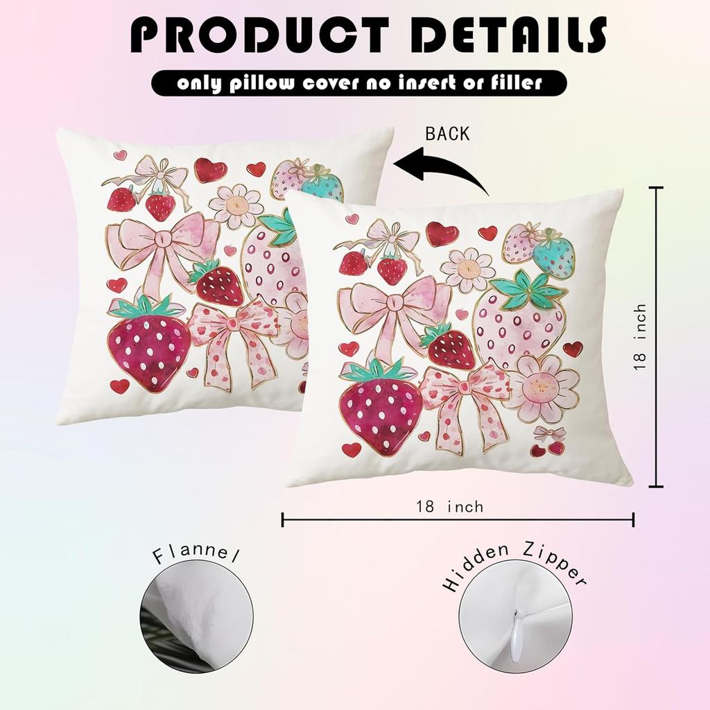 Strawberry Bow Decorative Pillowcase - 18x18 Inch Throw Pillow Covers Coverstrawberry Room Decor, Sweet Gift for Girls & Teens